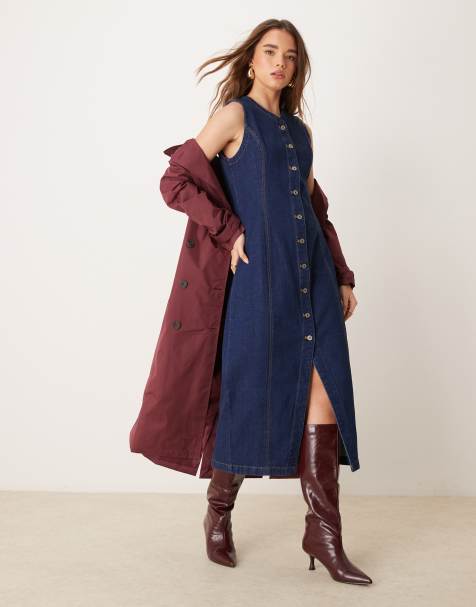 Abercrombie & Fitch denim button through sleeveless midi dress in dark denim  - view 1