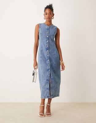 Abercrombie & Fitch denim button through sleeveless midi dress in