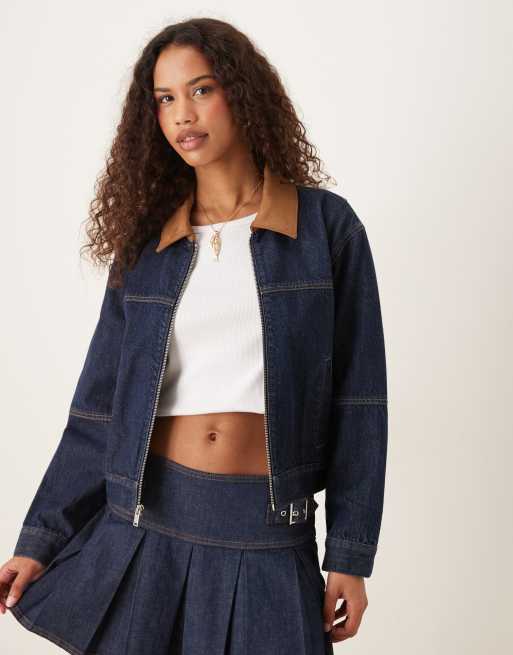 Abercrombie & Fitch denim contrast collar barn jacket in indigo wash, 2 of 4