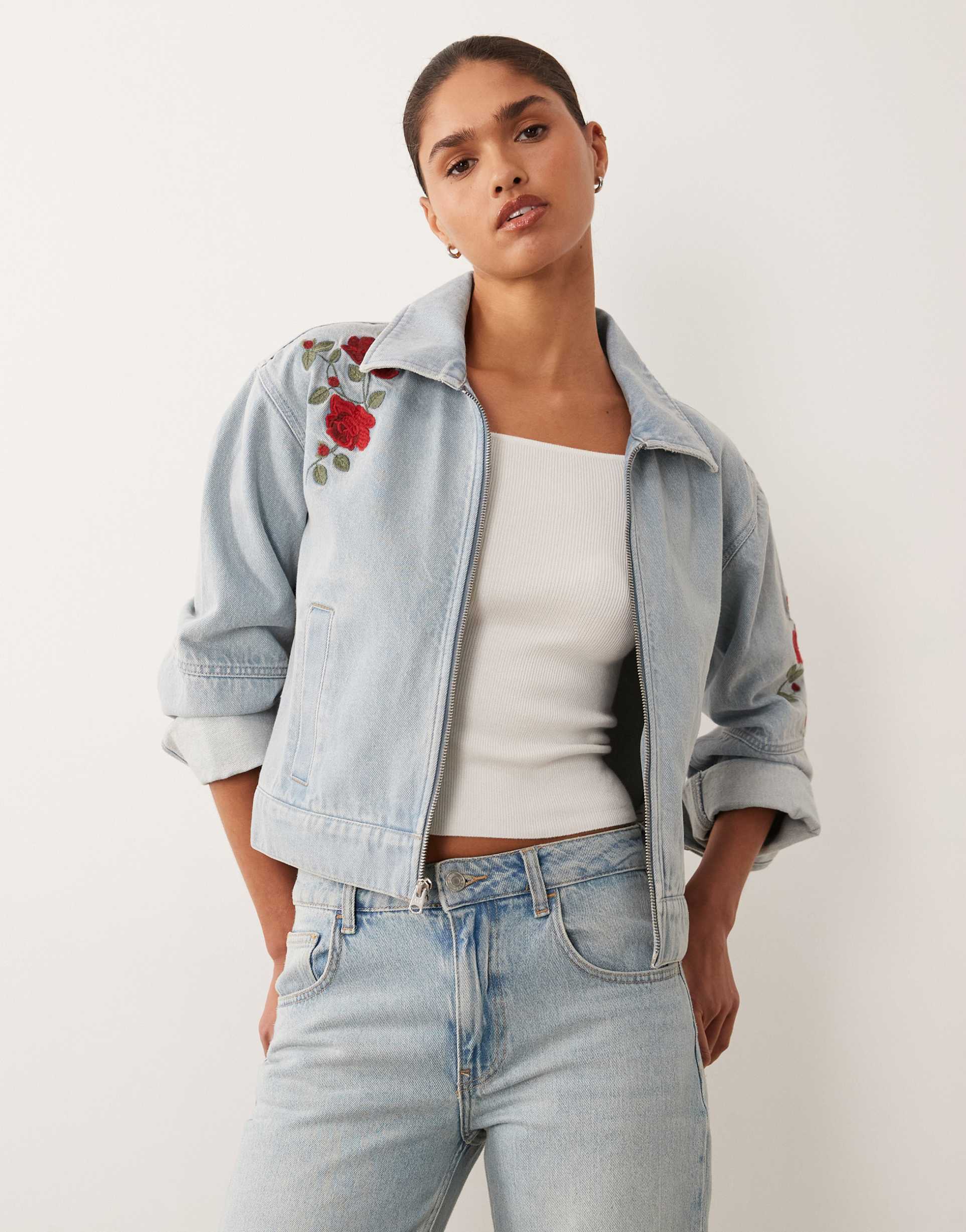 abercrombie & fitch denim jacket with floral embroidery in light wash blue