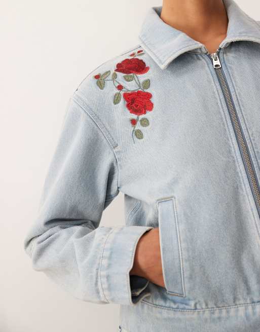 Abercrombie & Fitch denim jacket with floral embroidery in light wash blue , 3 of 4