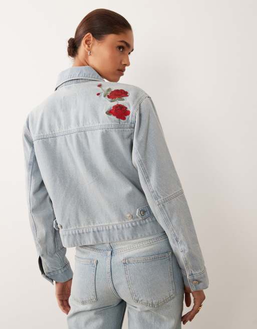 Abercrombie & Fitch denim jacket with floral embroidery in light wash blue , 4 of 4