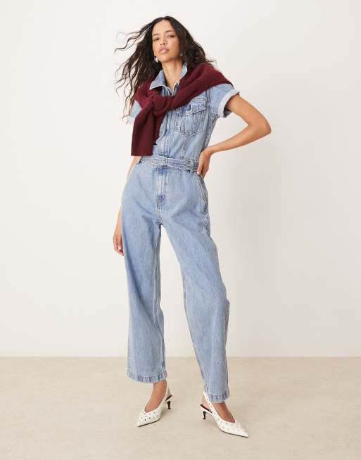 Abercrombie & Fitch - Denim-jumpsuit med bælte i blå vask