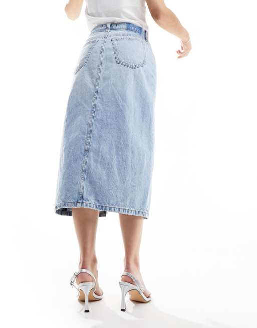 Abercrombie Fitch denim midi skirt with front split in mid blue ASOS