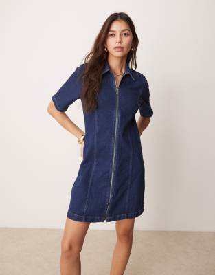 denim zip detail mini a-line skater dress in blue wash