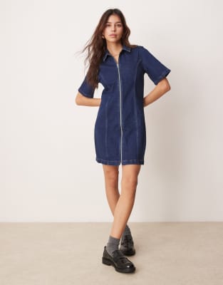 ABERCROMBIE & FITCH DENIM ZIP DETAIL MINI ALINE SKATER DRESS