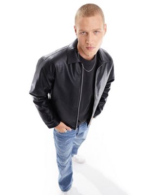 Abercrombie & Fitch faux leather detroit zip jacket in black - ASOS Price Checker