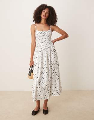 dipped waist smocked poplin midi dress in polka dot-Blue
