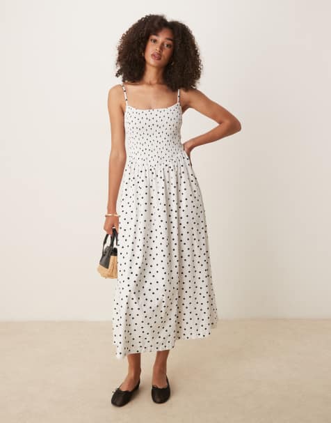 Abercrombie & Fitch dipped waist smocked poplin midi dress in polka dot
