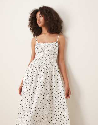 Abercrombie & Fitch dipped waist smocked poplin midi dress in polka dot