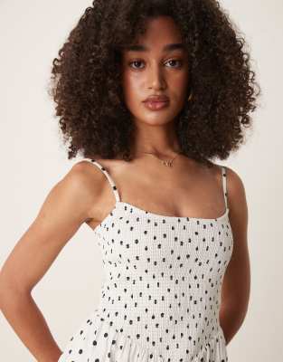Abercrombie & Fitch dipped waist smocked poplin midi dress in polka dot