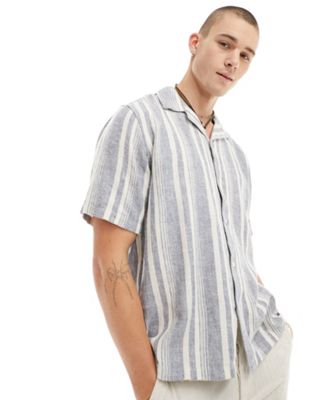 Abercrombie & Fitch dobby stripe linen blend short sleeve shirt relaxed fit in blue
