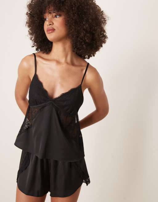 Abercrombie & Fitch - Doorschijnende pyjama camitop met kant in zwart, deel van co-ord set