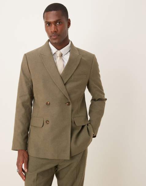 Abercrombie & Fitch double breasted linen look suit blazer in olive green - part of a set - view 1
