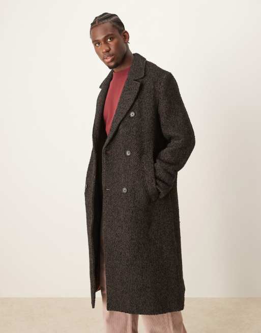 Abercrombie Fitch double breasted wool blend herringbone overcoat in brown