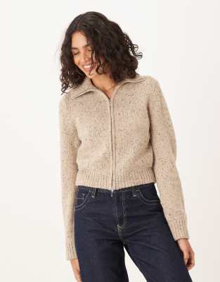 Abercrombie & Fitch Double Zip Foldover Collar Cardigan In Neutral