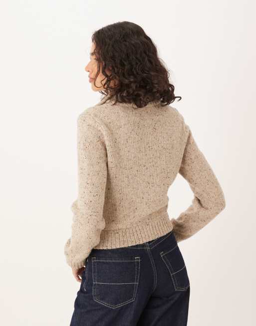 Abercrombie & Fitch double-zip foldover collar cardigan in beige, 2 of 4