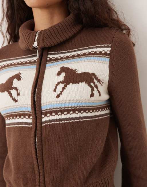 Abercrombie & Fitch double zip foldover collar horse graphic