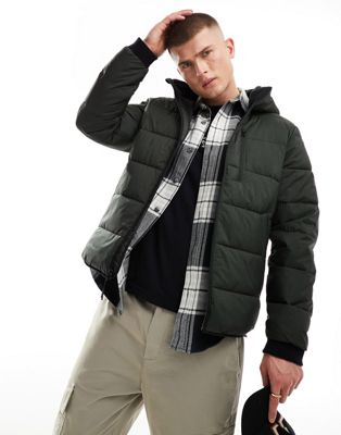 Abercrombie & Fitch lightweight hooded puffer jacket in olive green - ASOS Price Checker