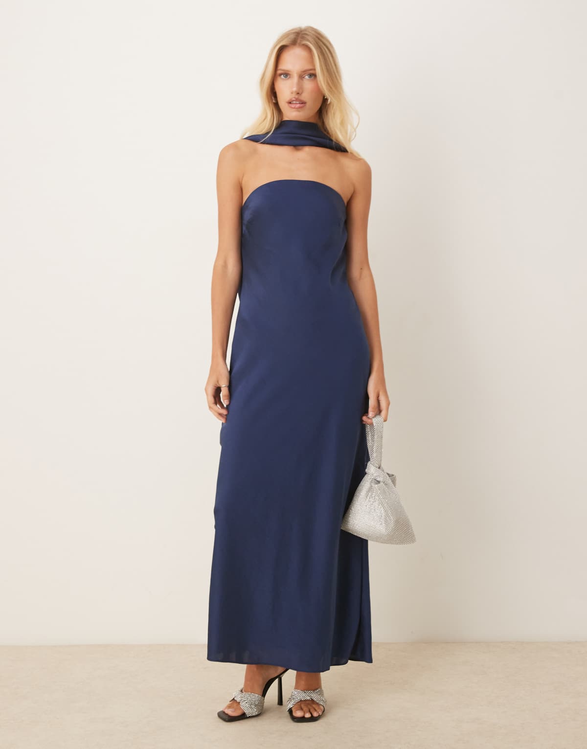 Abercrombie & Fitch draped cowl halter neck maxi dress in navy