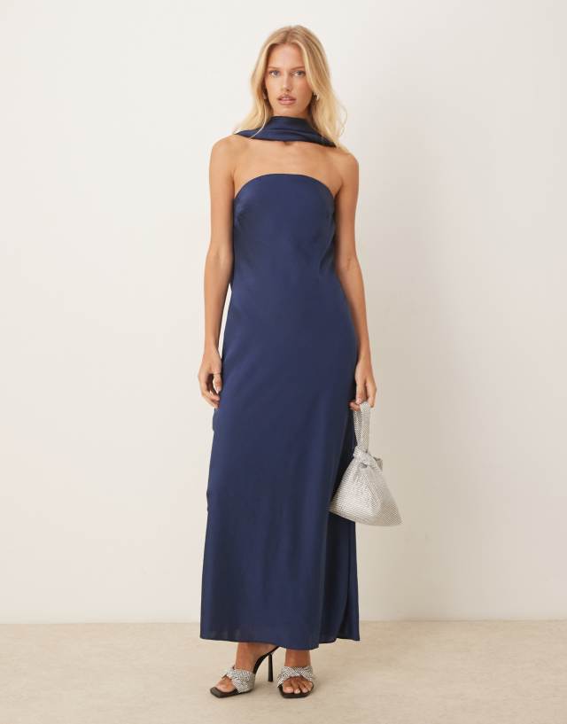 Abercrombie & Fitch draped cowl halter neck maxi dress in navy | ASOS