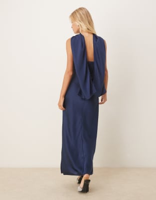Abercrombie & Fitch Draped Cowl Halter Neck Maxi Dress In Blue