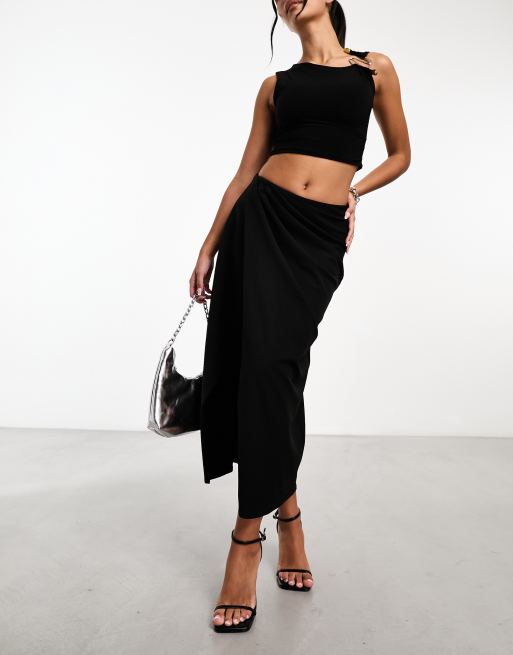 Abercrombie & Fitch draped front midi skirt in black | ASOS