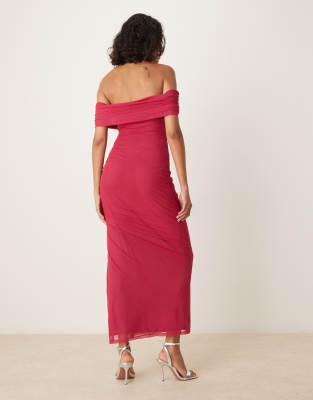Abercrombie & Fitch Draped Off The Shoulder Mesh Maxi Dress In Burgundy