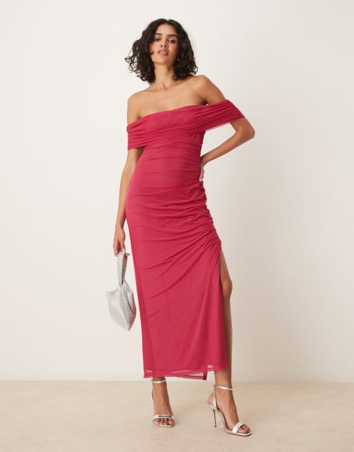 chinese dress ladies Caspian Slinky and Mesh Off Shoulder Maxi Dress