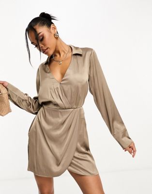 Abercrombie & Fitch draped satin shirt dress in mink  - ASOS Price Checker