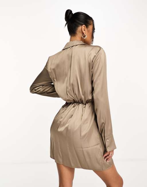 Khaki satin cheap shirt dress