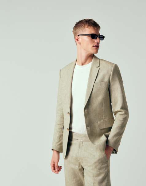 Abercrombie & Fitch – Einreihiger Blazer aus Leinenmix in Grün mit schmalem Schnitt, Kombiteil - view 1