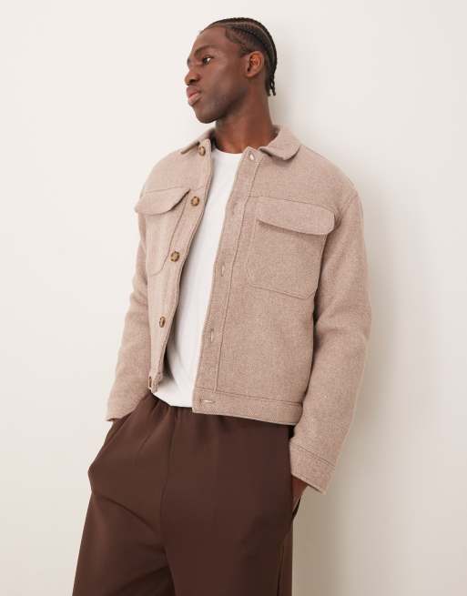 Abercrombie & Fitch - Elegant og cropped trucker-jakke i brun twill- og uldblanding
