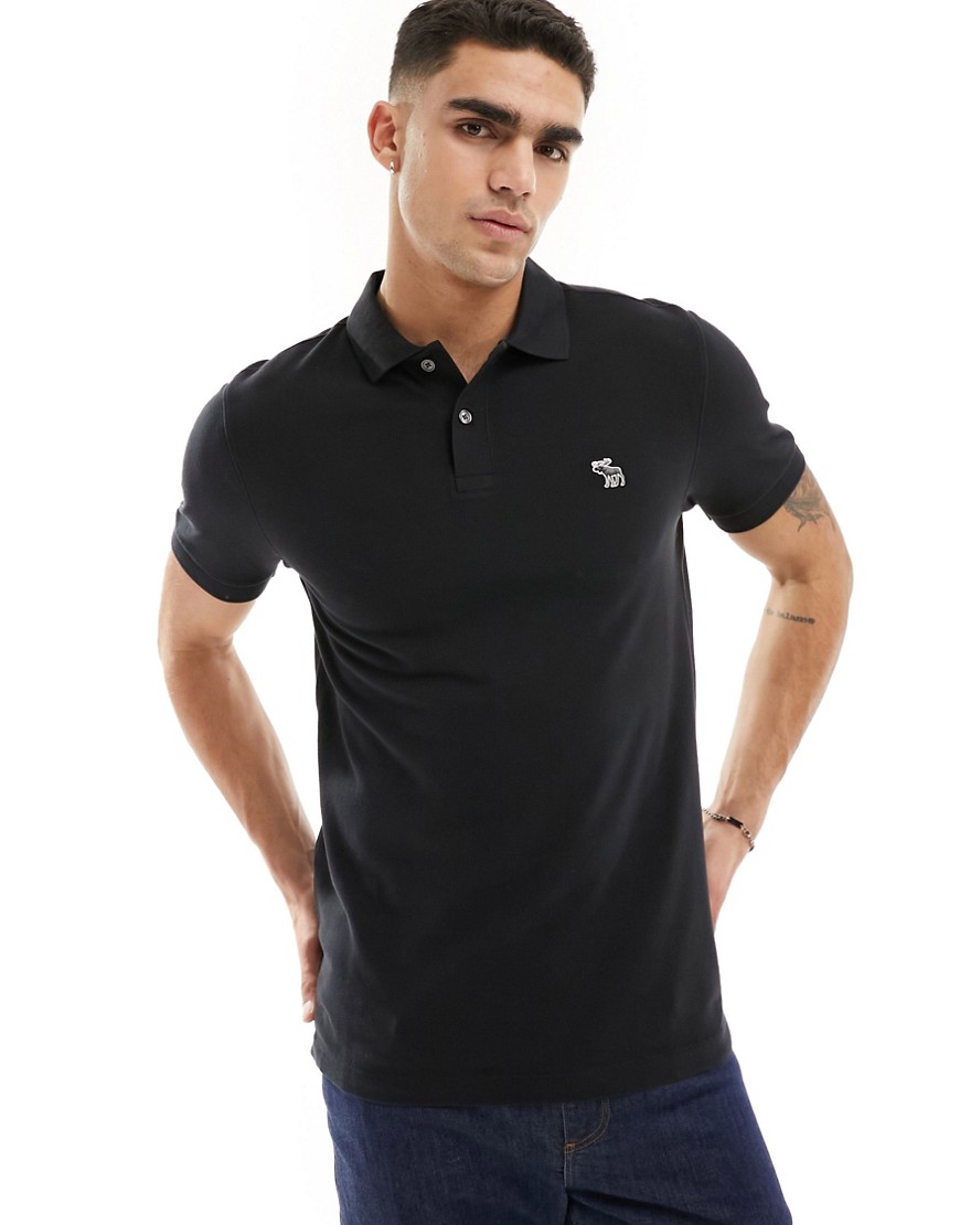 Abercrombie & Fitch elevated icon logo pique polo in black