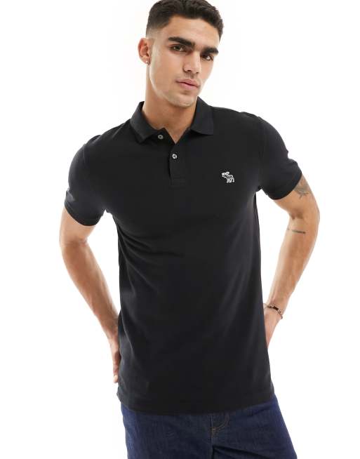 HOLLISTER HERITAGE ICON LOGO STRETCH POLO SHIRT BLACK MENS SIZE