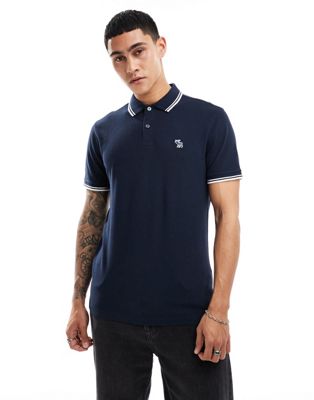 Abercrombie Fitch elevated icon logo tipped pique polo in navy