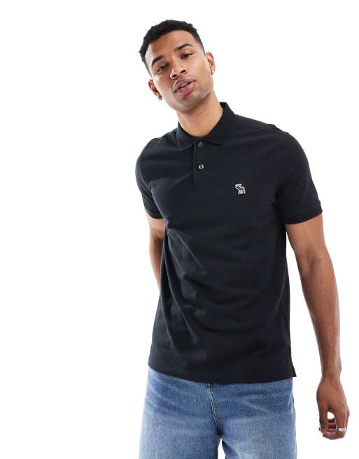 Abercrombie & Fitch - Elevated Icon - Polo in piqué nera con logo e fettuccia