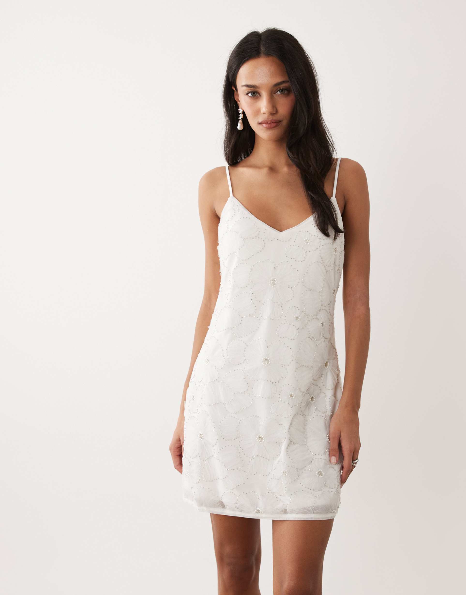 abercrombie & fitch embellished shift bridal mini dress in white