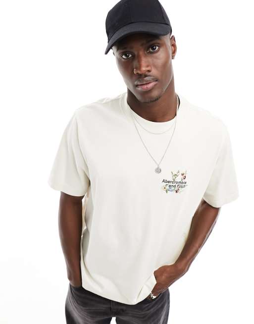 Abercrombie & Fitch embriodered floral logo t-shirt in off white | ASOS