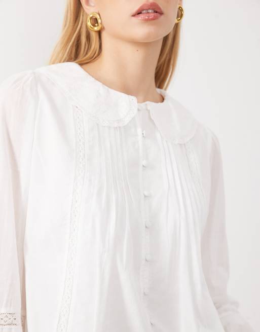 Abercrombie & Fitch embroidered button through shirt with collar detail in white, 3 of 4