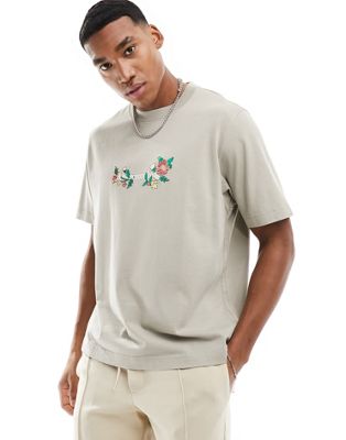 Abercrombie & Fitch embroidered floral chest logo heavyweight t-shirt in beige
