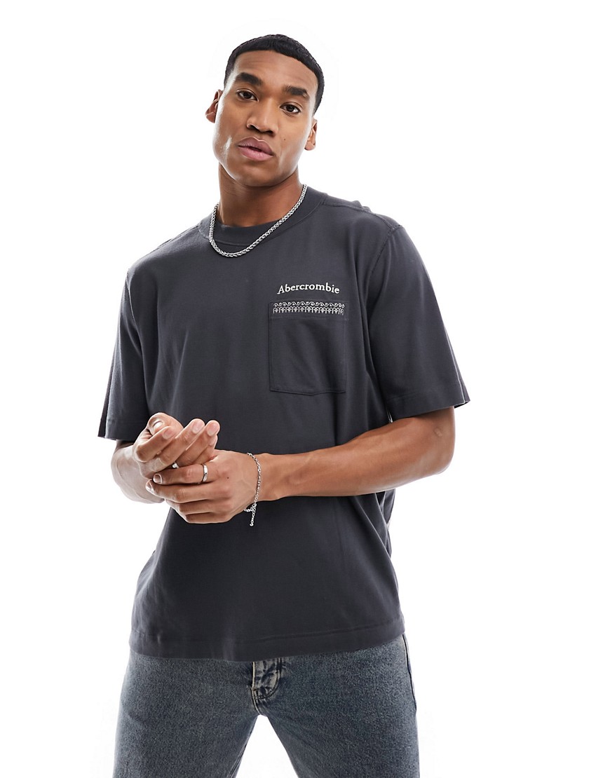Abercrombie & Fitch embroidered logo pocket t-shirt with tile back print in charcoal-Grey