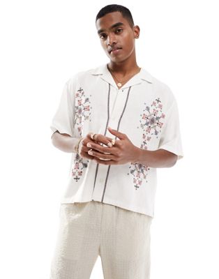 Abercrombie & Fitch embroidered short sleeve linen blend shirt in white