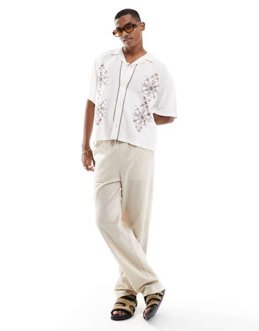 Short Sleeve Linen Blend Shirt in White