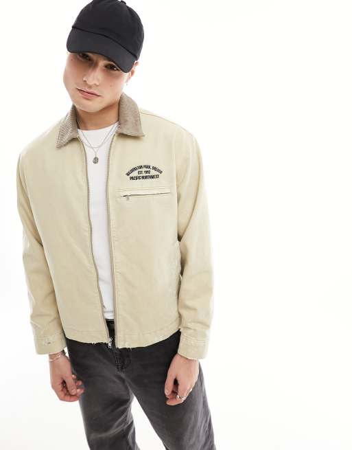 Abercrombie Fitch embroidered worker jacket in ecru ASOS