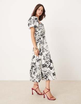 Abercrombie & Fitch Emerson floral midi dress with puff sleeves in black/white