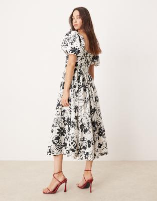 Abercrombie & Fitch Emerson floral midi dress with puff sleeves in black/white
