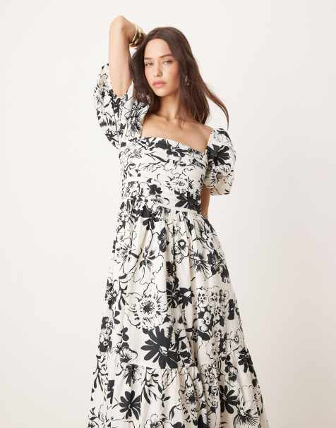 Abercrombie & Fitch - Emerson - Vestito midi nero e bianco a fiori con maniche a sbuffo - view 1