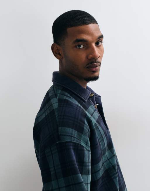 Abercrombie & Fitch essential button up sweatshirt in navy and green plaid, 3 of 5