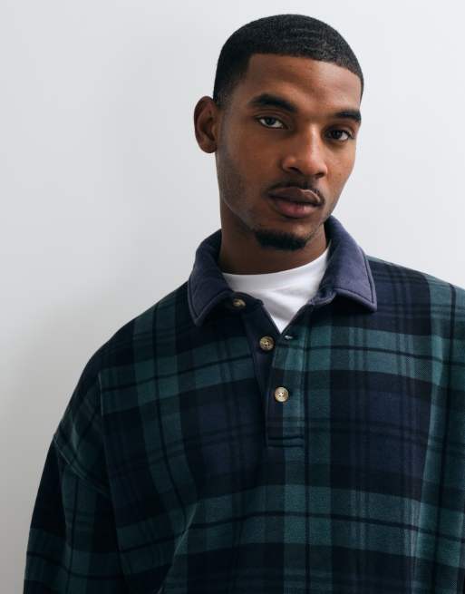 Abercrombie & Fitch essential button up sweatshirt in navy and green plaid, 4 of 5